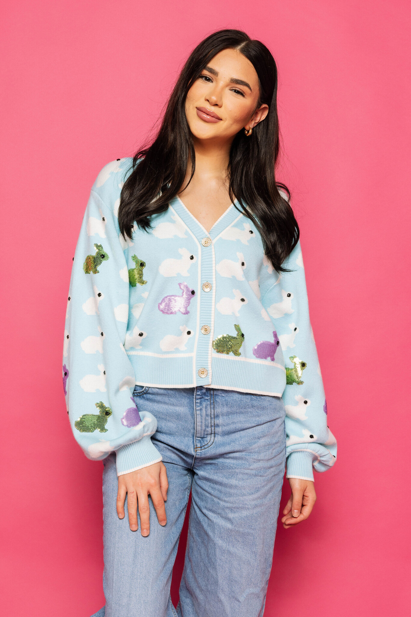 Queen of Sparkles Light Blue Scattered Bunny Cardigan
