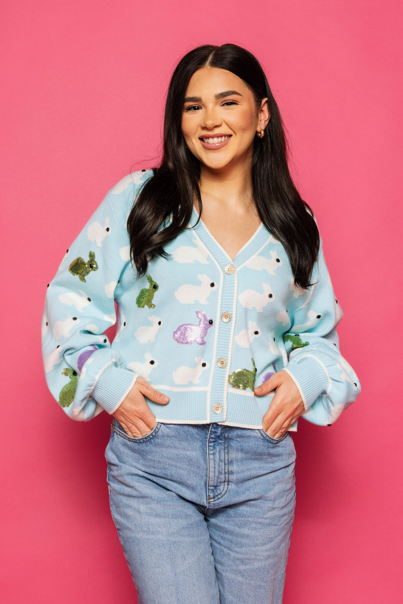 Queen of Sparkles Light Blue Scattered Bunny Cardigan