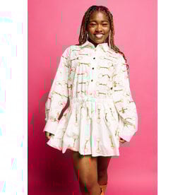 Queen of Sparkles White & Gold Cotton Horse Bit Tie Dress
