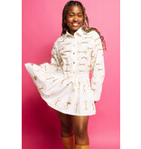 Queen of Sparkles White & Gold Cotton Horse Bit Tie Dress