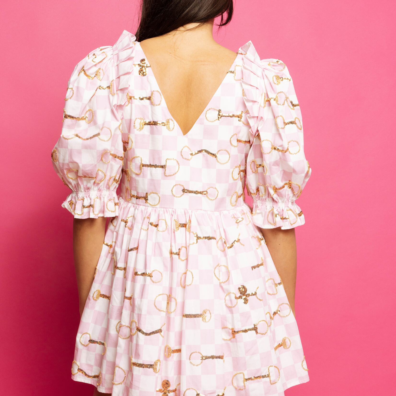 Queen of Sparkles Pink & White Checkered Horse Bit Cotton Dress
