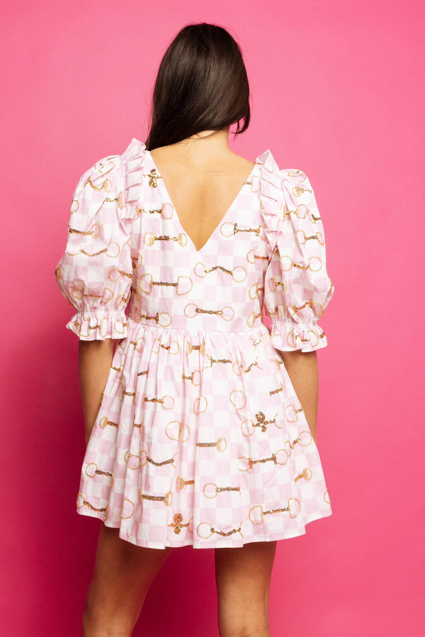 Queen of Sparkles Pink & White Checkered Horse Bit Cotton Dress