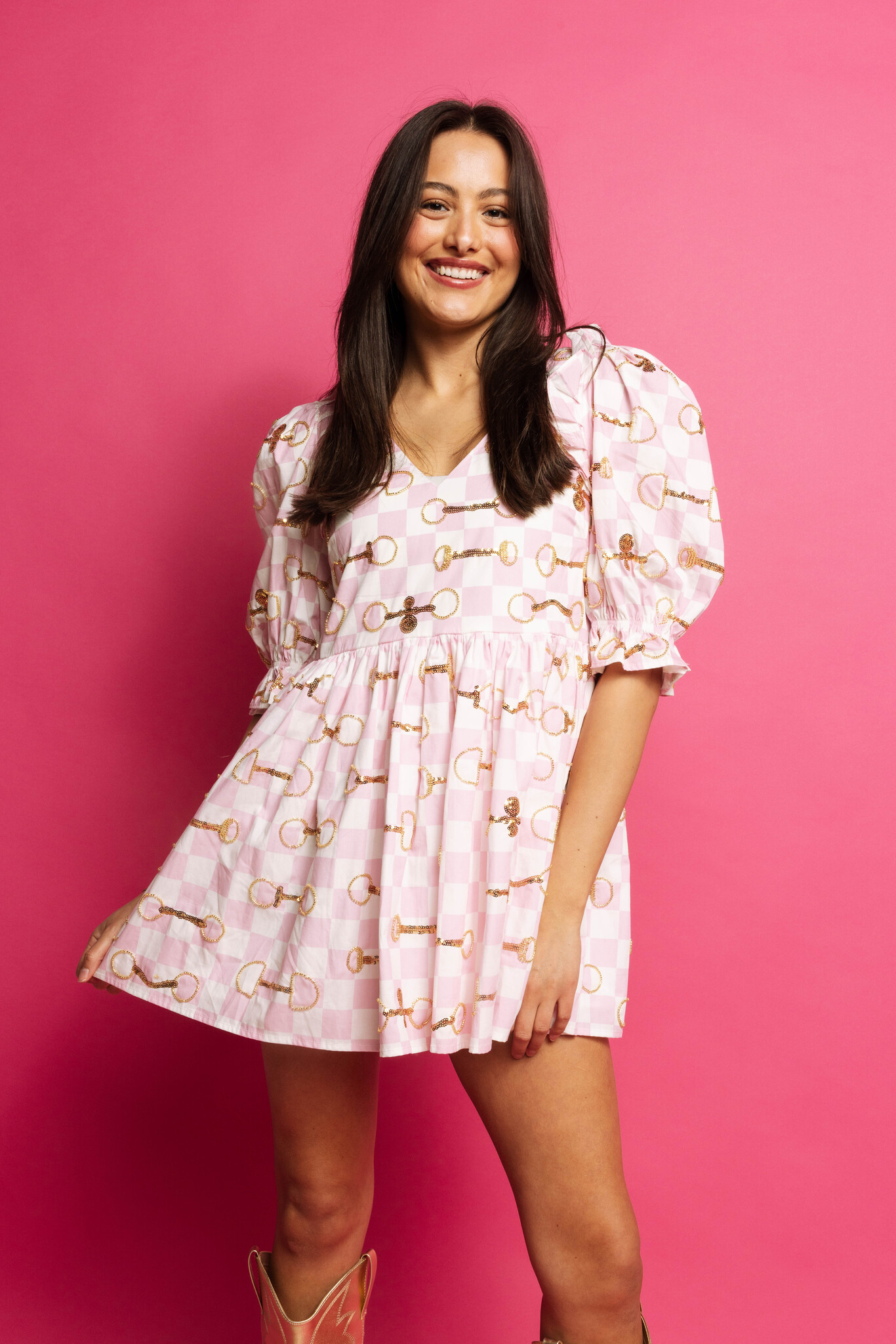 Queen of Sparkles Pink & White Checkered Horse Bit Cotton Dress