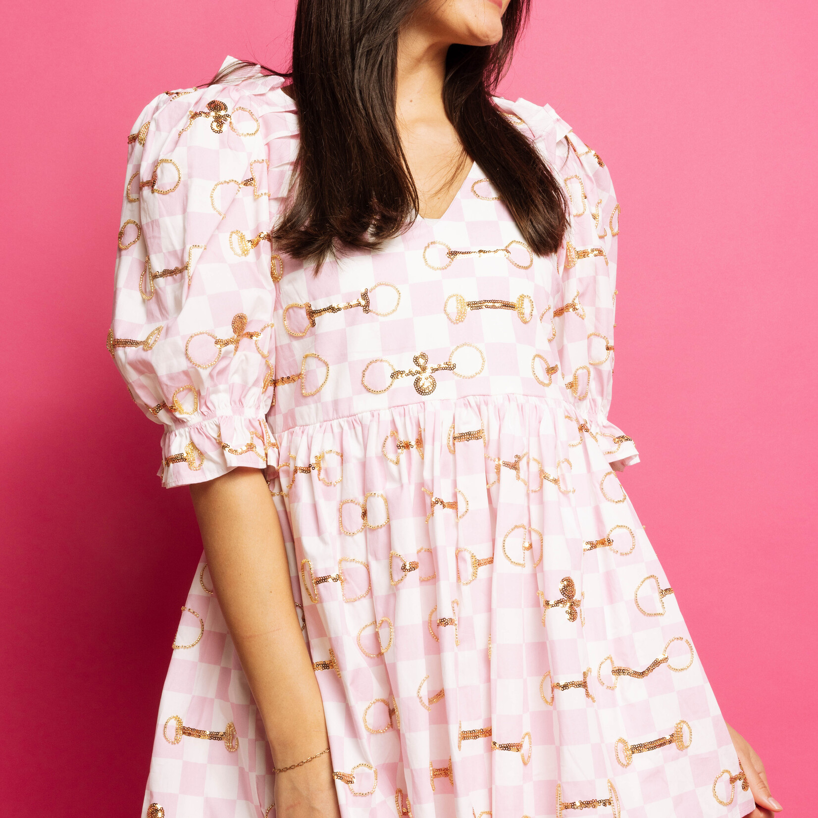 Queen of Sparkles Pink & White Checkered Horse Bit Cotton Dress