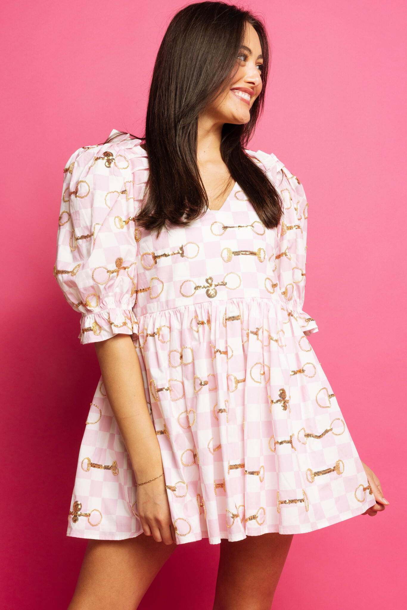 Queen of Sparkles Pink & White Checkered Horse Bit Cotton Dress