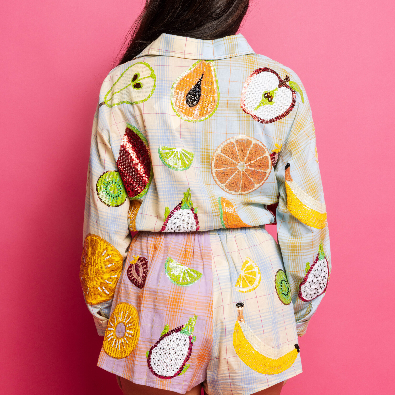 Queen of Sparkles Colorblock Plaid Fruit Short