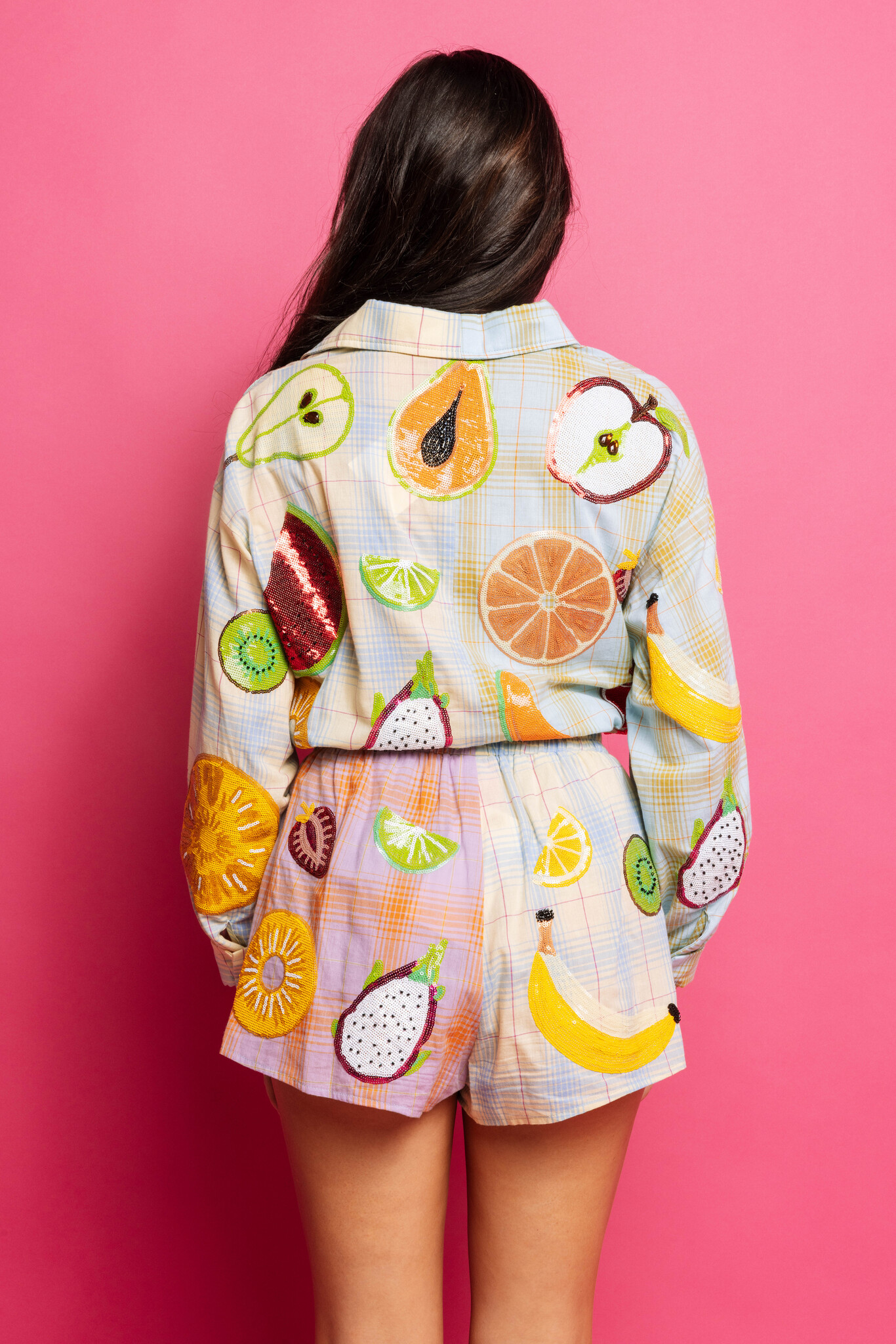 Queen of Sparkles Colorblock Plaid Fruit Button Up  Top