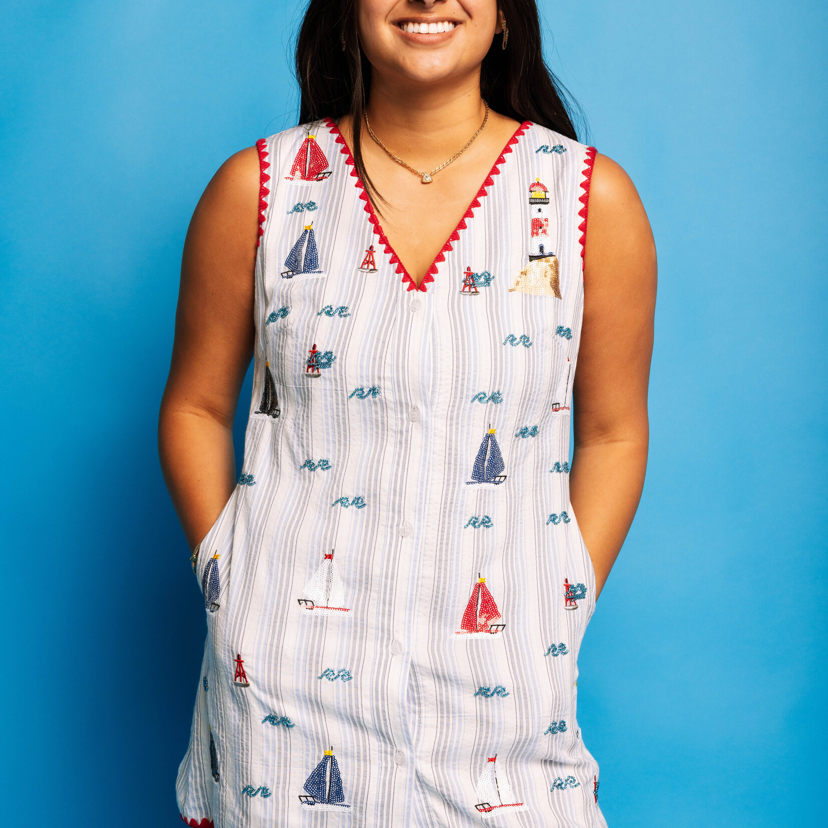 Queen of Sparkles Striped Sailboat V Neck Tank Dress