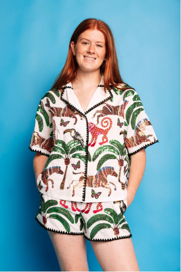 Queen of Sparkles White & Black Trim Safari Button Up Top