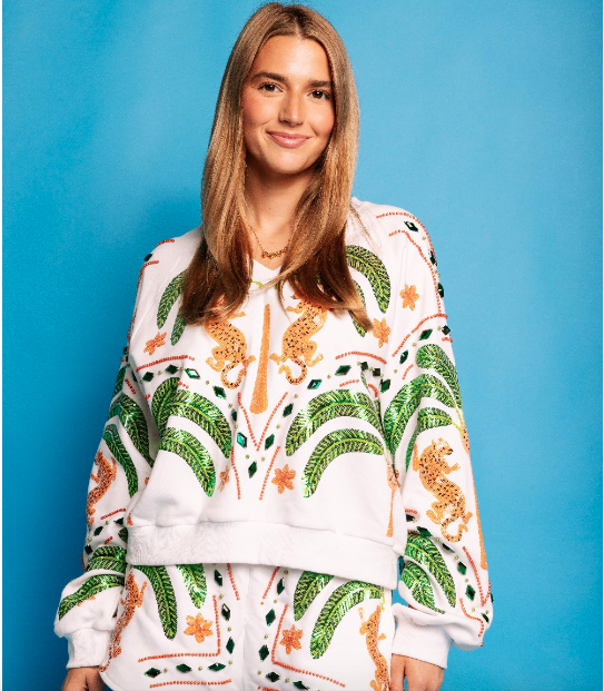 Queen of Sparkles White Palm Tree & Jaguar V Neck Sweatshirt