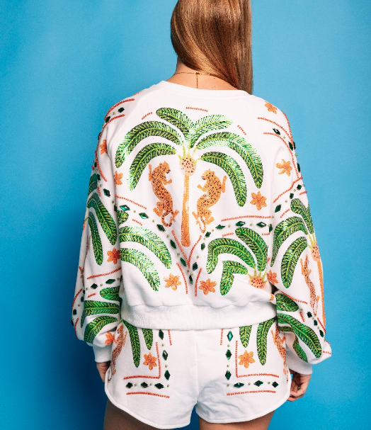 Queen of Sparkles White Palm Tree & Jaguar V Neck Sweatshirt