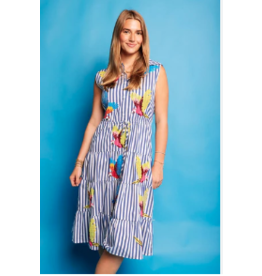 Queen of Sparkles Navy & White Stripe Parrot MIdi Dress