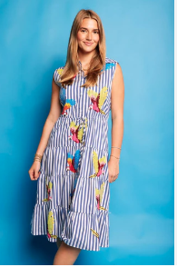Queen of Sparkles Navy & White Stripe Parrot MIdi Dress