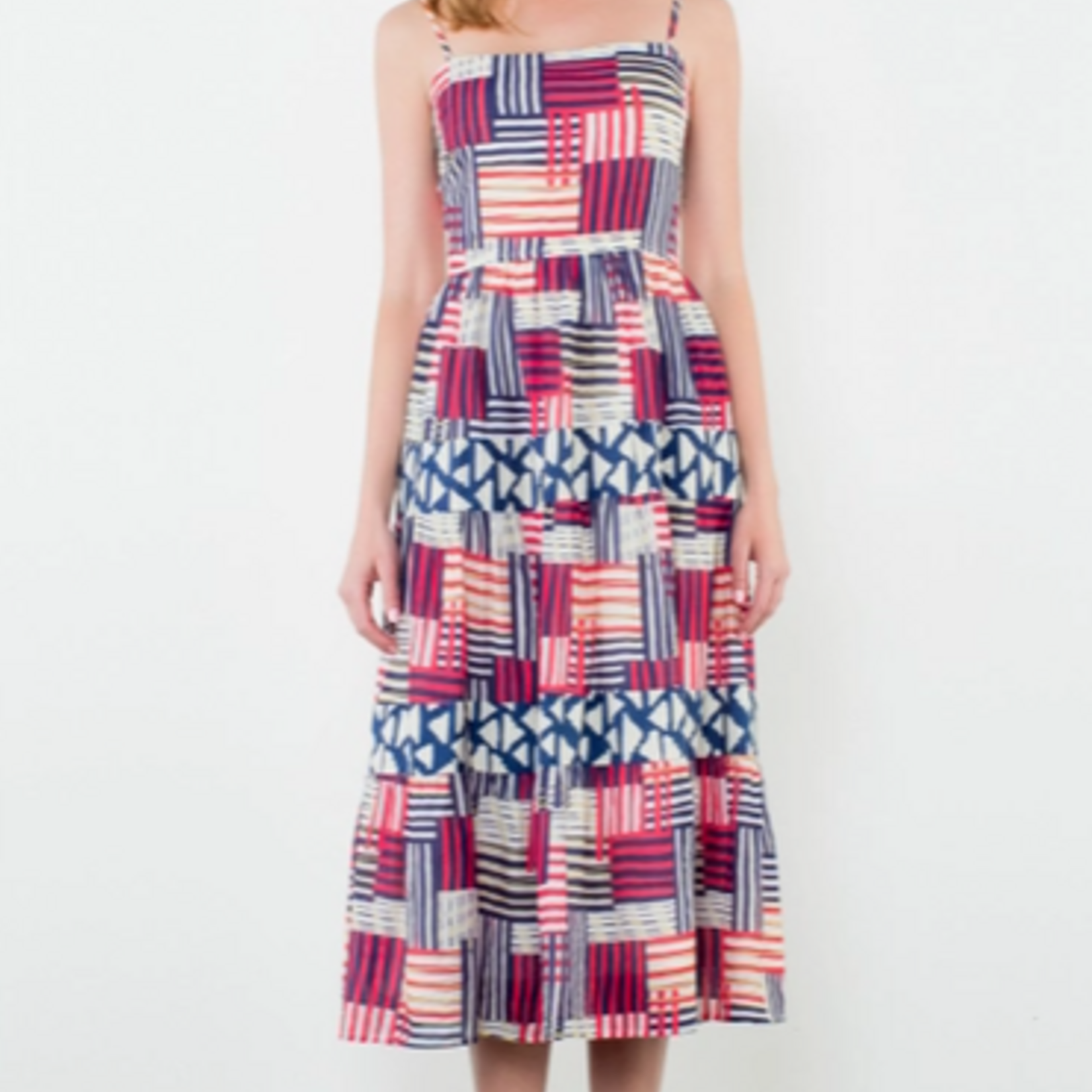 THML Geometric Stripe Smocked Midi Dress