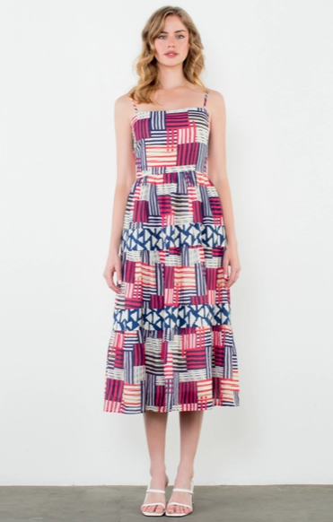 THML Geometric Stripe Smocked Midi Dress
