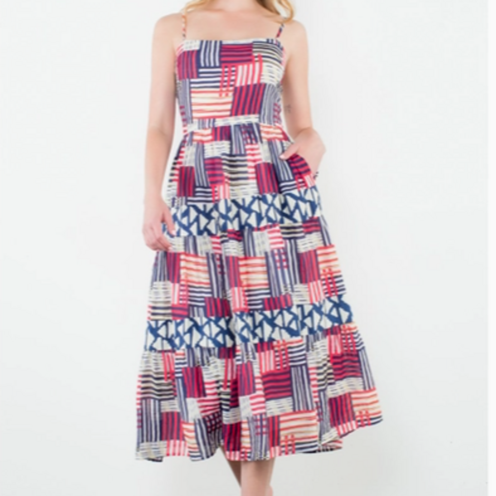 THML Geometric Stripe Smocked Midi Dress