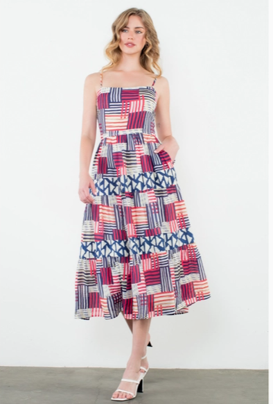 THML Geometric Stripe Smocked Midi Dress