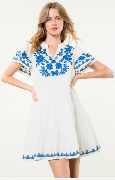 THML White Tiered Embroidered w/ Blue Dress