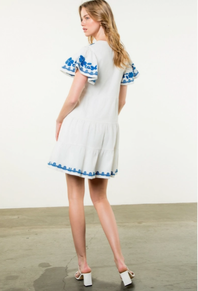 THML White Tiered Embroidered w/ Blue Dress