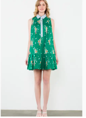 THML Green w/ Blue Contrast Collar Floral Dress