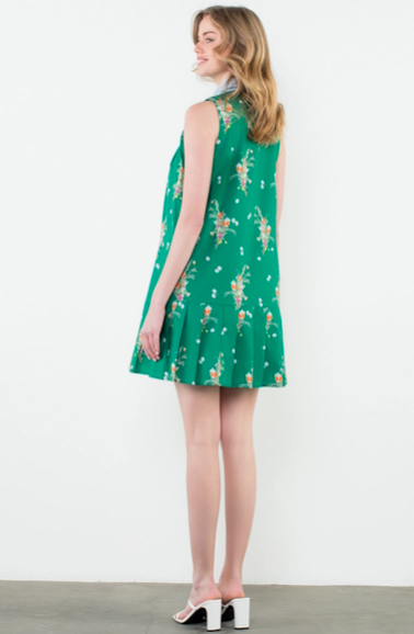 THML Green w/ Blue Contrast Collar Floral Dress