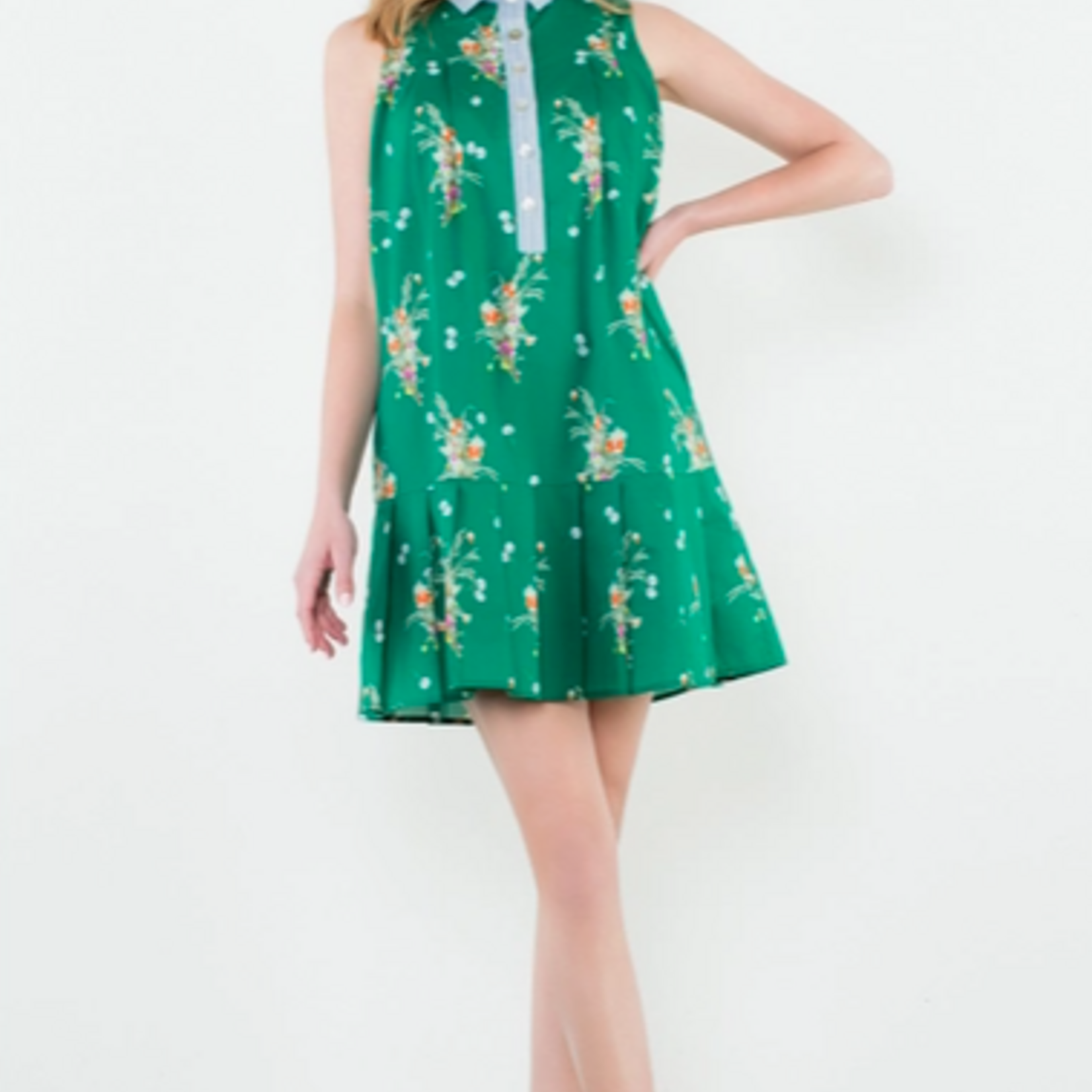 THML Green w/ Blue Contrast Collar Floral Dress