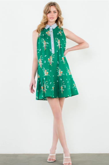 THML Green w/ Blue Contrast Collar Floral Dress