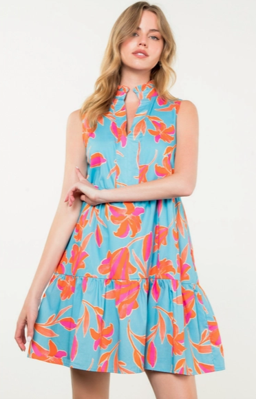 THML Blue Orange Flower Print Dress
