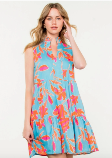 THML Blue Orange Flower Print Dress