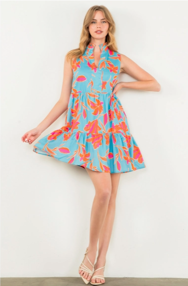 THML Blue Orange Flower Print Dress