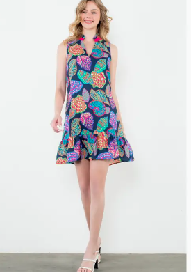 THML Navy Shell Print Ruffle Hem Dress