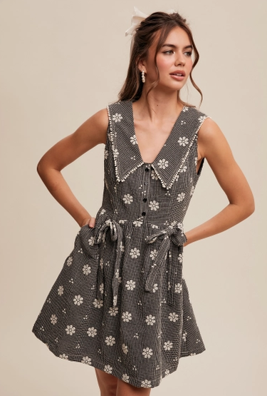 Black Gingham Floral Mini Dress