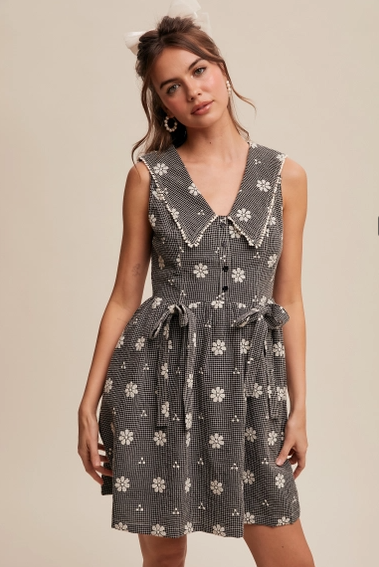 Black Gingham Floral Mini Dress