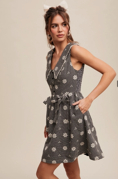Black Gingham Floral Mini Dress
