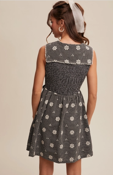 Black Gingham Floral Mini Dress