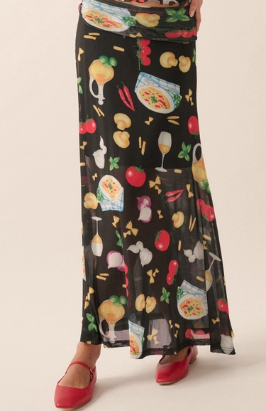 Italian Food Printed Mesh Foldover Maxi Skirt