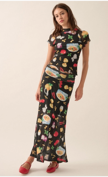 Italian Food Printed Mesh Foldover Maxi Skirt