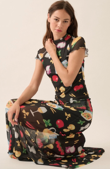 Italian Food Printed Mesh Foldover Maxi Skirt