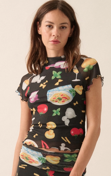 Italian Food Printed Mesh Mock-Neck Baby Tee