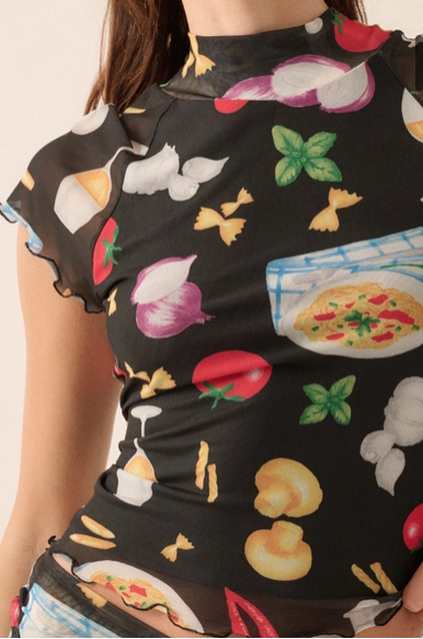 Italian Food Printed Mesh Mock-Neck Baby Tee