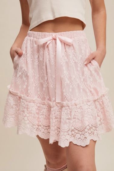 Pink Lace Tiered Mini Skirt