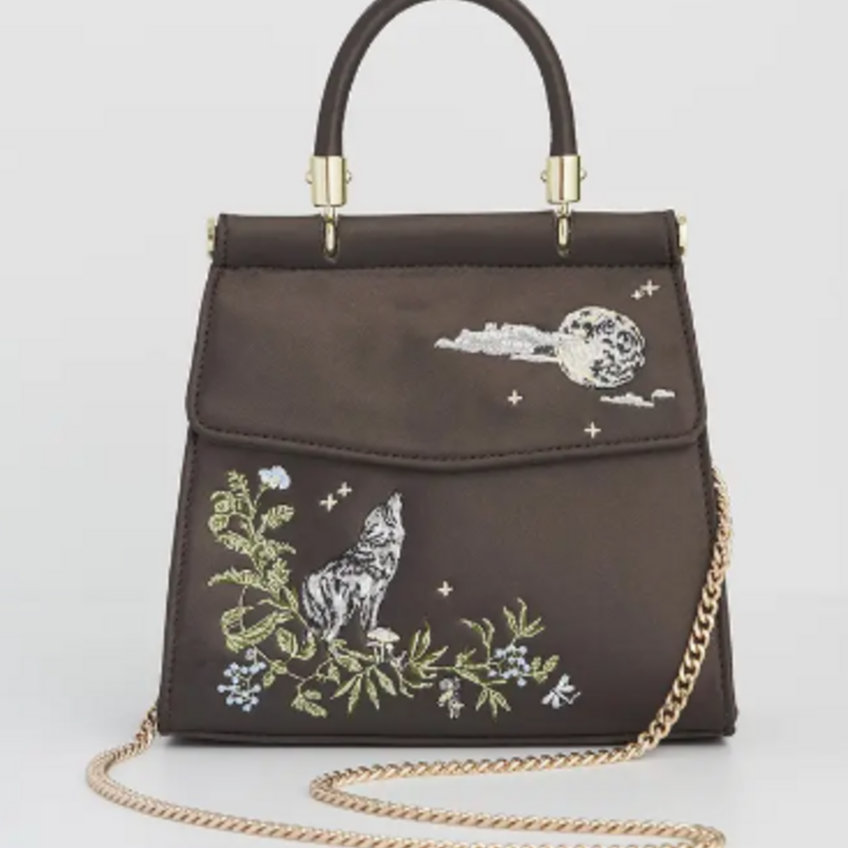 Wolf & Moon Embroidered Charcoal Satin Tote