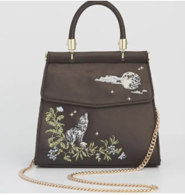 Wolf & Moon Embroidered Charcoal Satin Tote