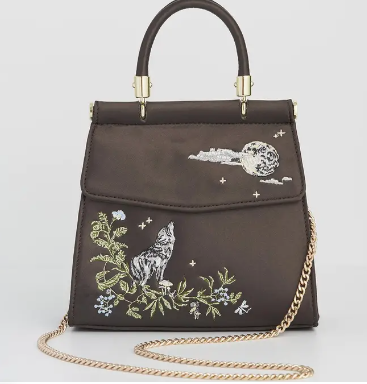 Wolf & Moon Embroidered Charcoal Satin Tote