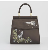 Wolf & Moon Embroidered Charcoal Satin Tote