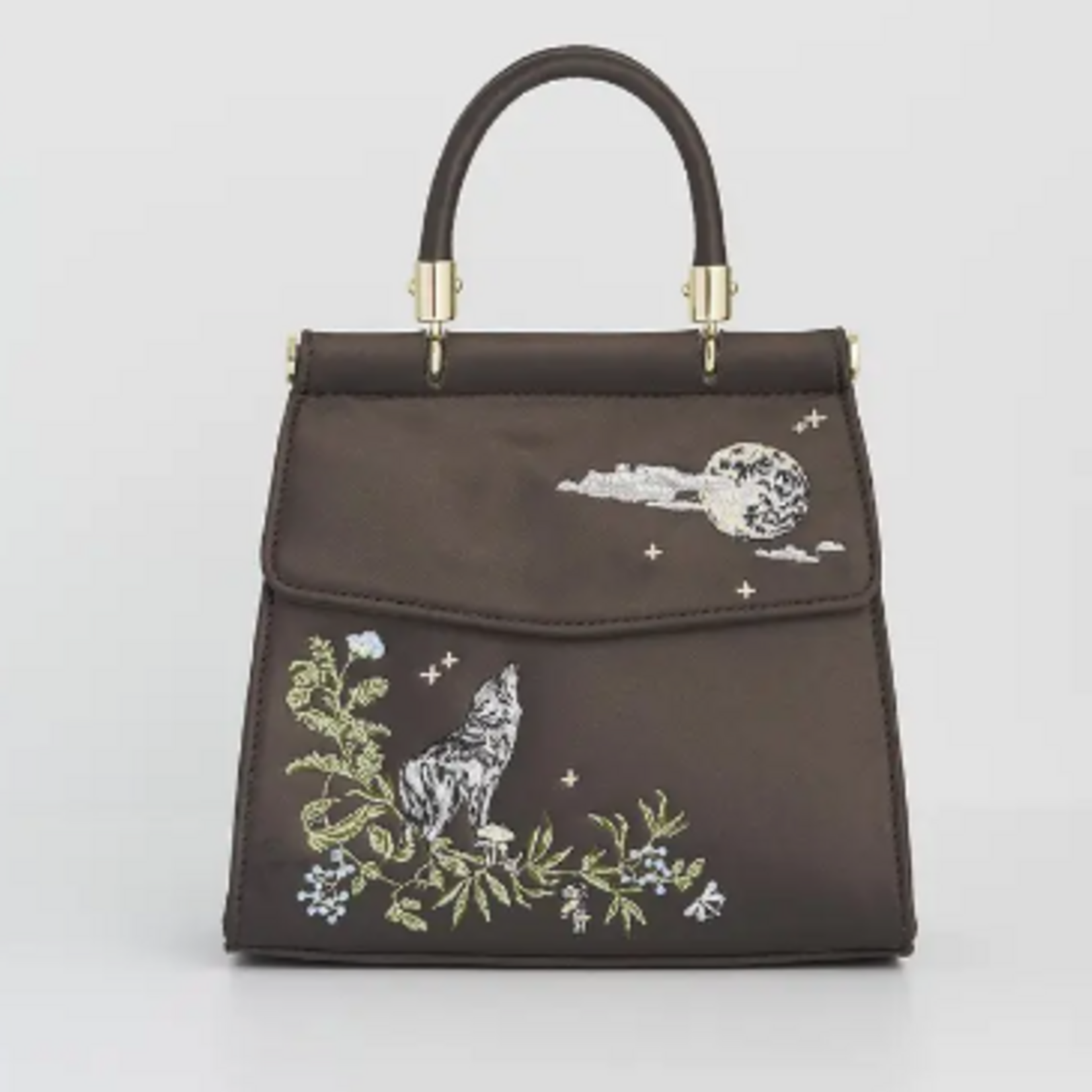 Wolf & Moon Embroidered Charcoal Satin Tote