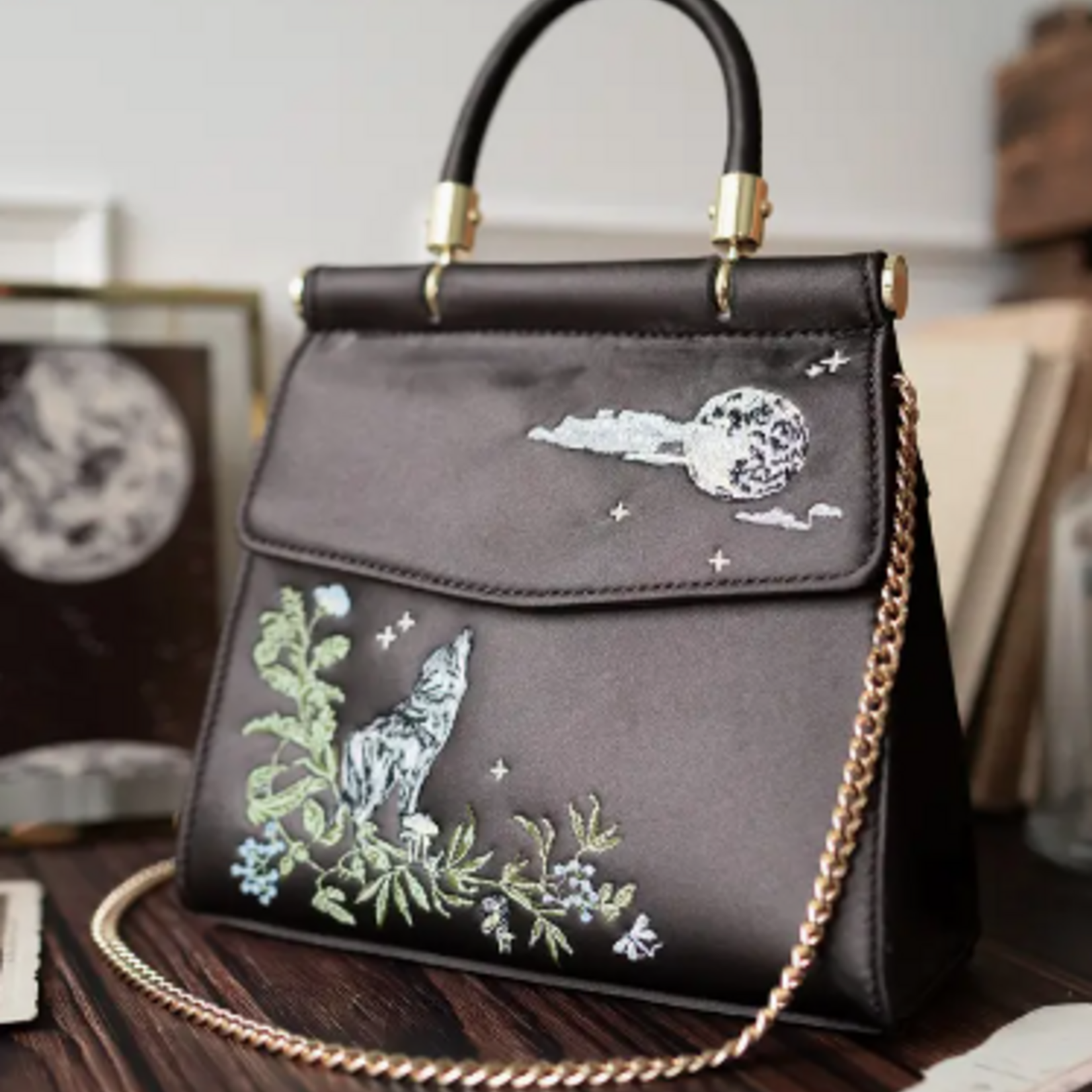 Wolf & Moon Embroidered Charcoal Satin Tote