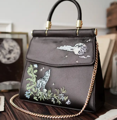 Wolf & Moon Embroidered Charcoal Satin Tote