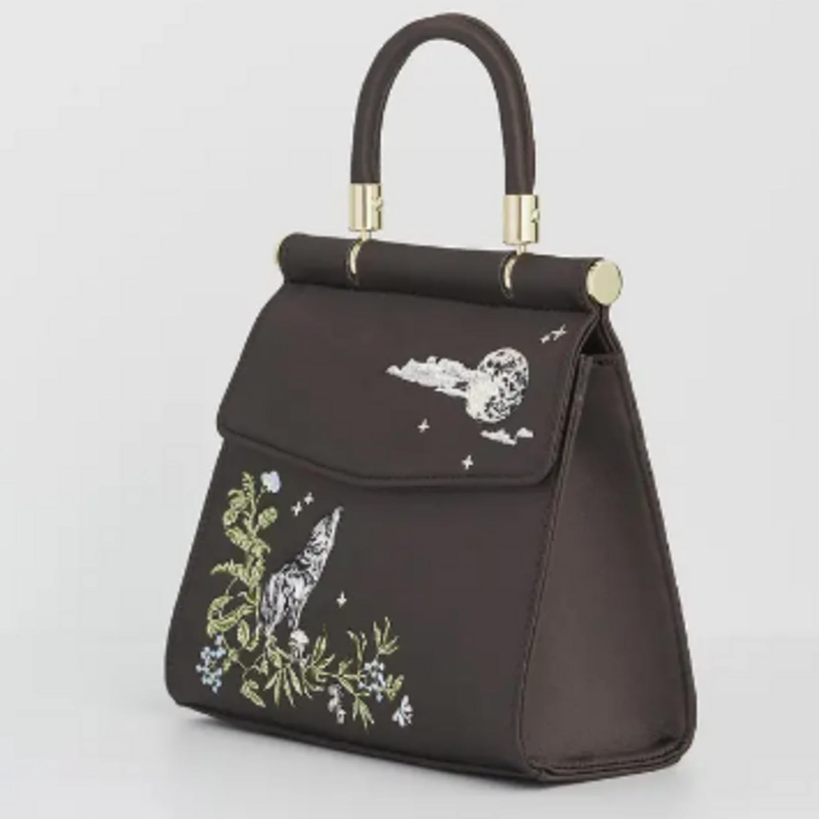 Wolf & Moon Embroidered Charcoal Satin Tote