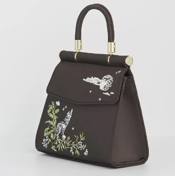 Wolf & Moon Embroidered Charcoal Satin Tote
